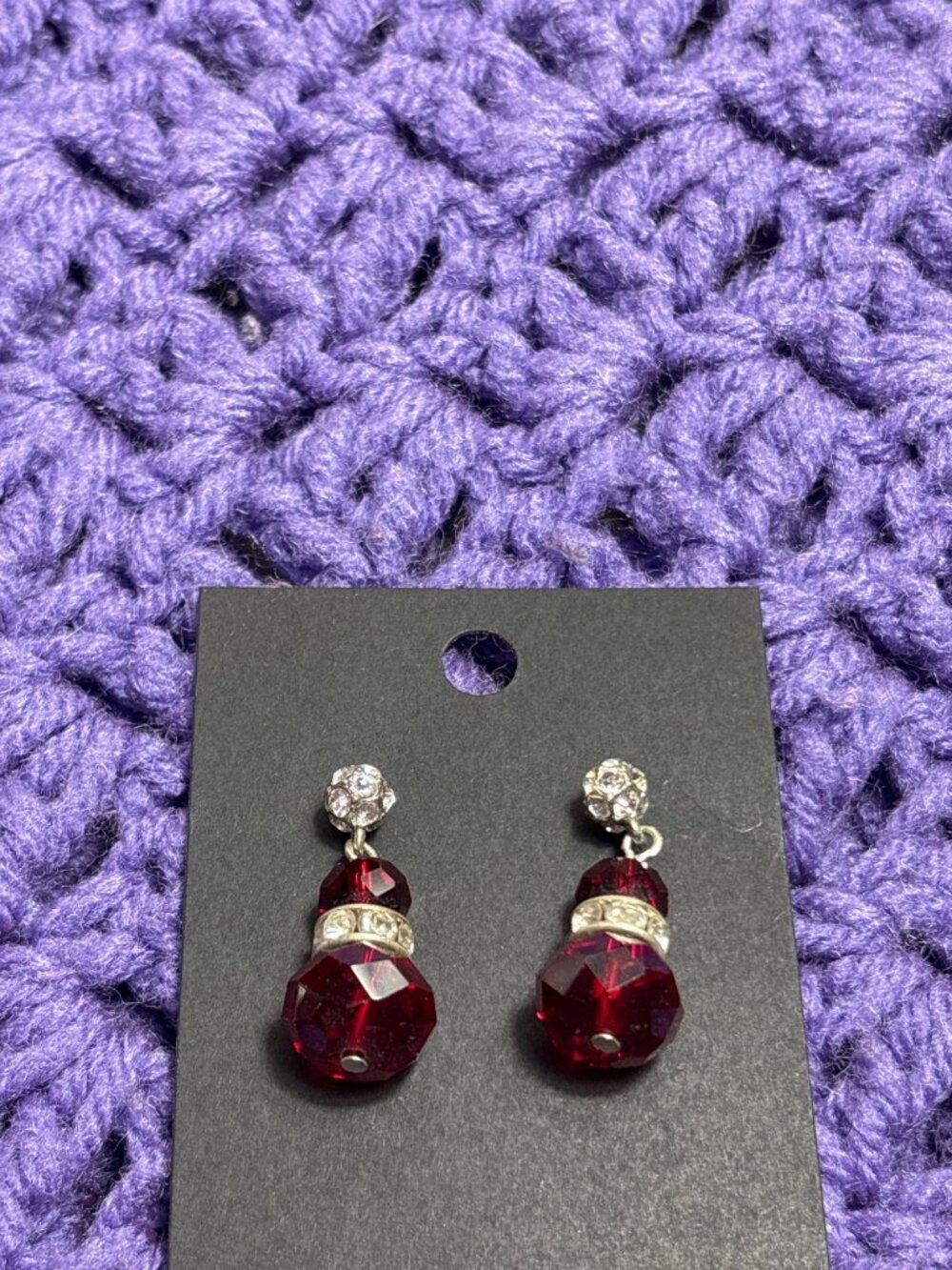 Vintage Red Faceted Glass Bead Dangle Earrings Clear Rhinestone Pave Silvertone